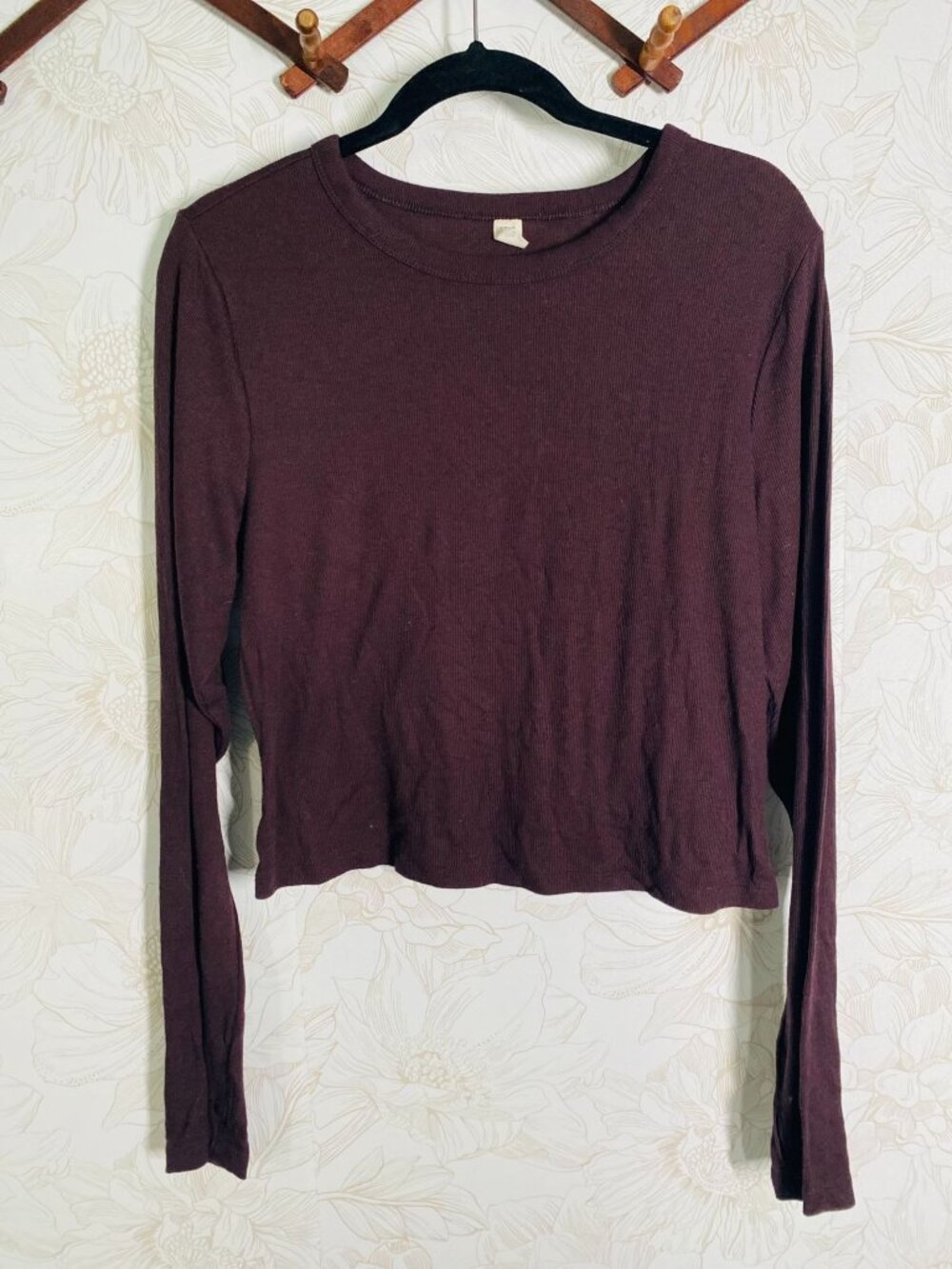 Ultralite Womens XL Burgundy Long-Sleeve Cropped Ribbed Knit Top